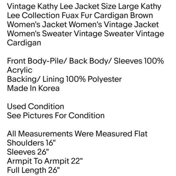 Vintage Kathie Lee Jacket Size Large Kathie Lee Collection Fuax Fur Cardigan VTG - Picture 2 of 5